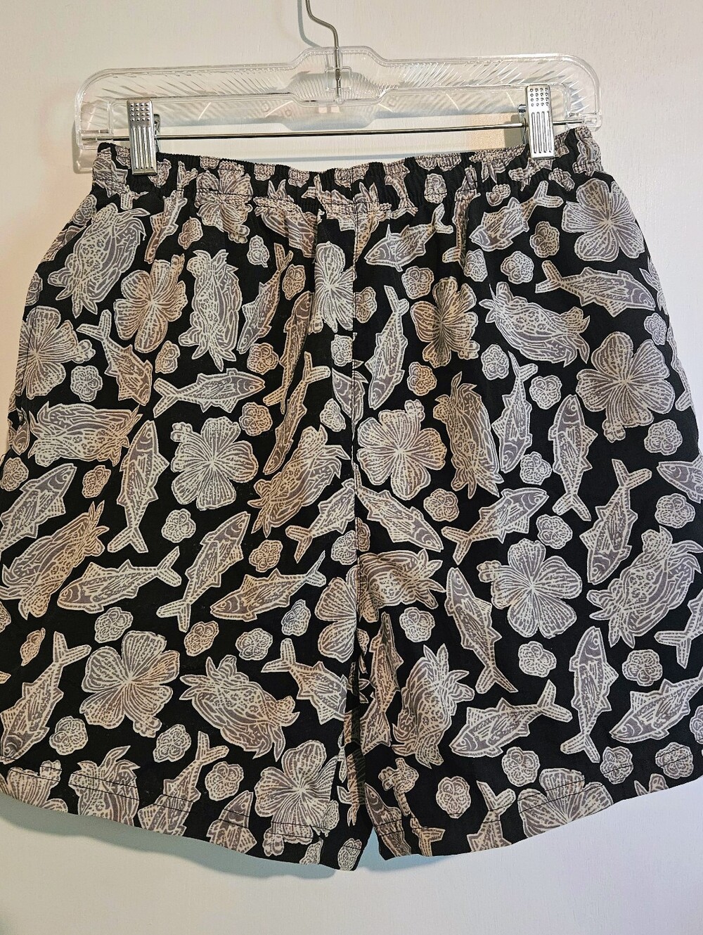 Vintage H2O Sport Men's Small Swim Trunks Black Fish Floral Print Summer